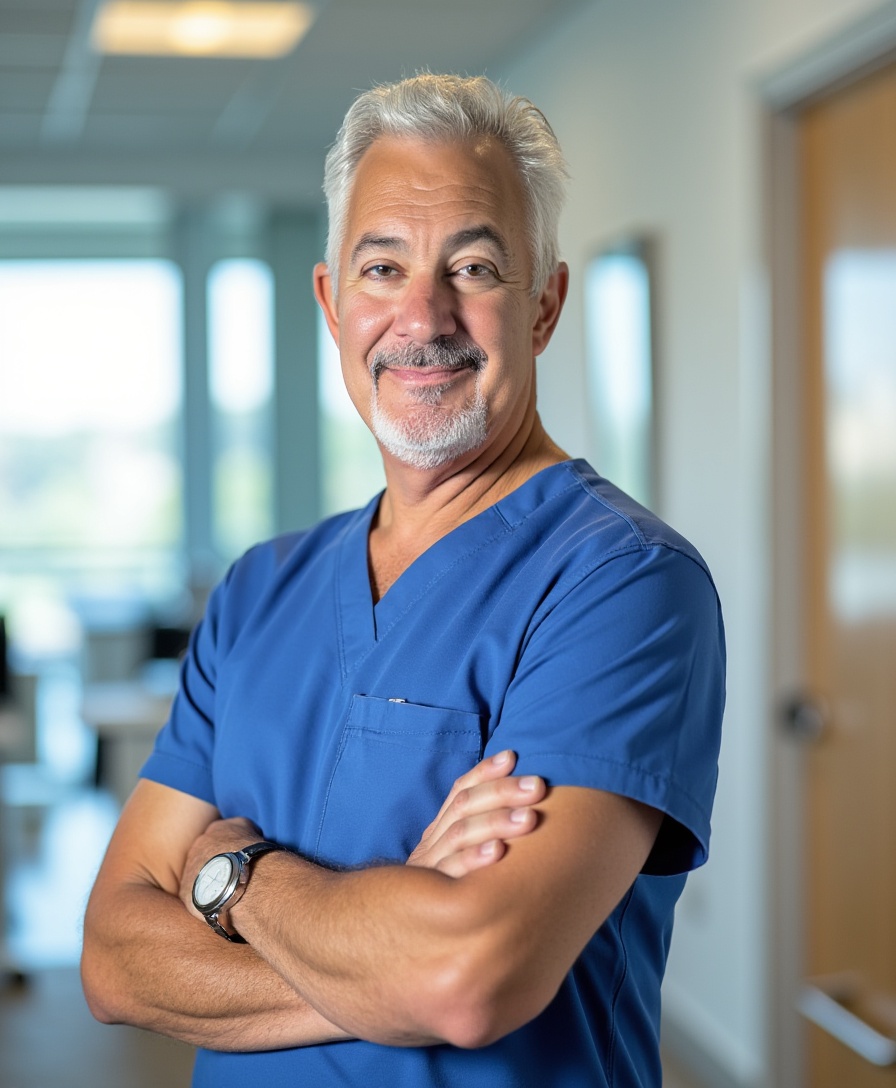 Dr. John LoMonaco in scrubs at his Houston practice