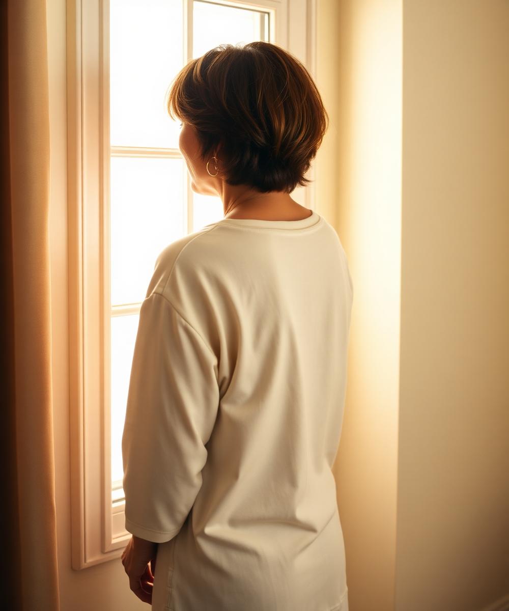 A woman standing quietly at a sunlit window